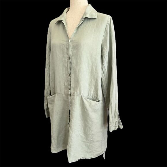 Sigrid Olsen Lagenlook Linen Tunic Top Size M Pockets Green Button Shirt Dress - Picture 1 of 15